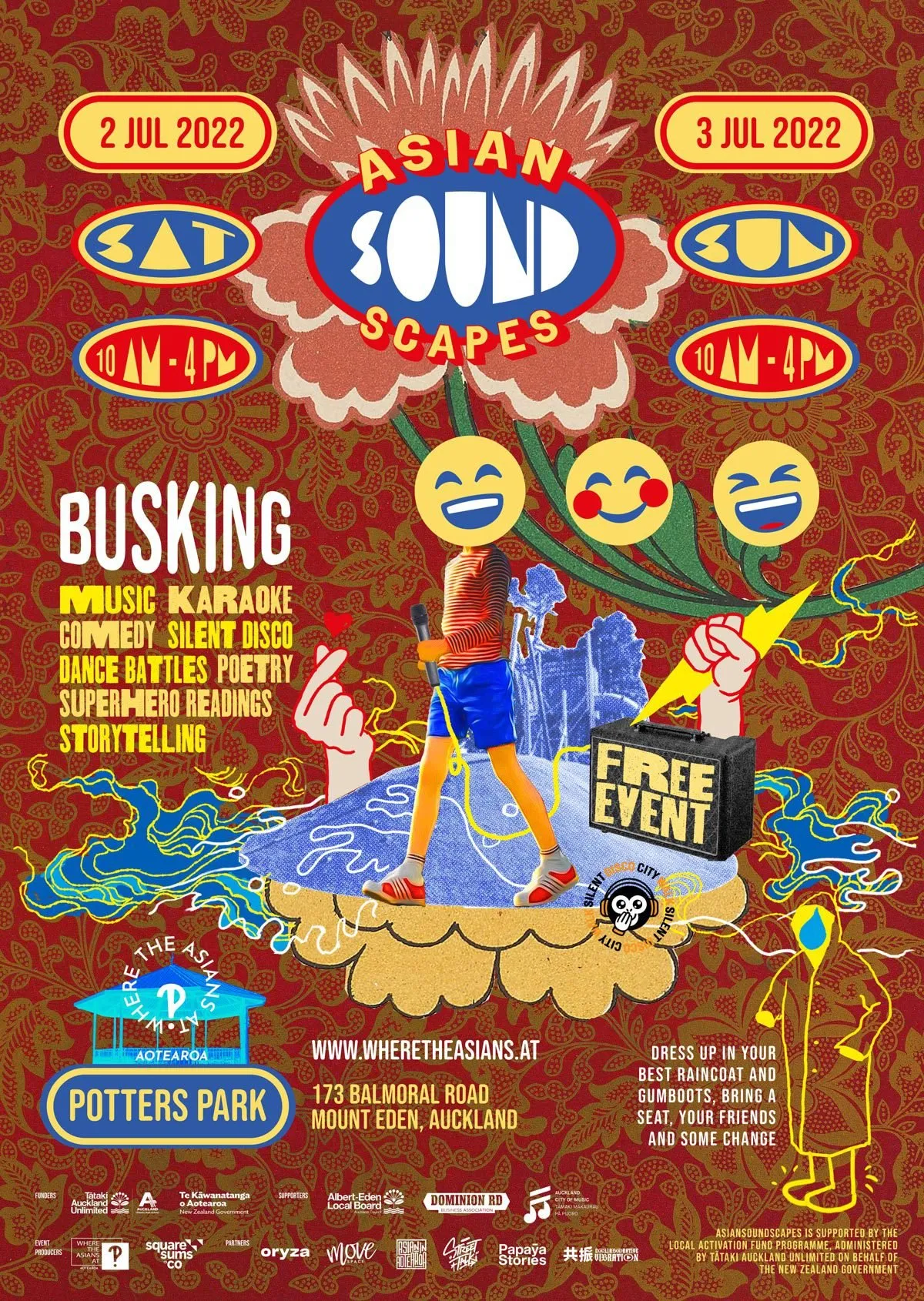 Edition 1 poster: maroon batik ground with cut-collage figures, yellow date pills for 2–3 July 2022, and the ASIAN(SOUND)SCAPES oval logo above a red flower burst