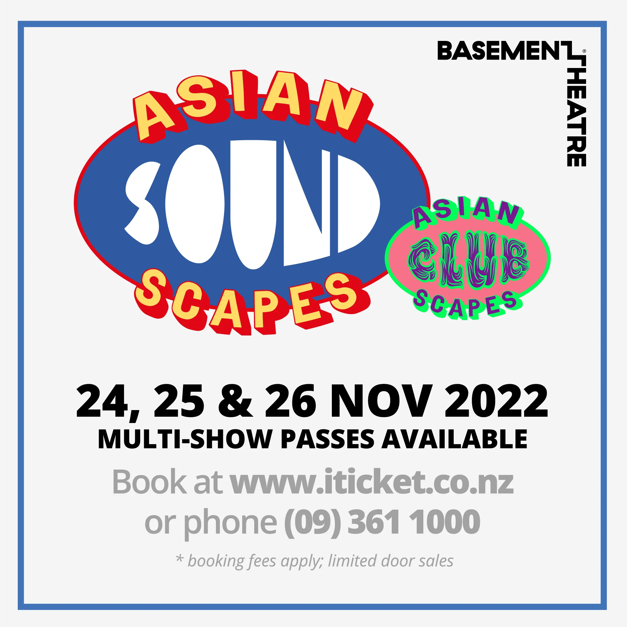 Edition 2 festival art: the ASIAN(SOUND)SCAPES oval logo with the season's show names — Asian Comedy Takeover, RaagTime, NZ Blossom Art Troupe, Wāhine Asian Are Here Tour, ASIAN(CLUB)SCAPES — arranged around it